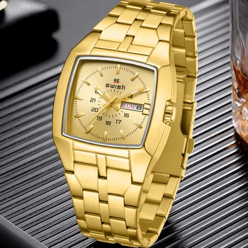 2023 SWISH prabangūs verslo vyriški laikrodžiai auksiniai kvarco nerūdijančio plieno sportinis kvadratinis laikrodis vandeniui atspari savaitė ir data Relogio Masculino