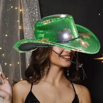 ST Patricks Day Hats LED Light up Kaubojaus skrybėlių kostiumų aksesuarai atostogų naktinio klubo fotorekvizito pasirodymo vakarėliui
