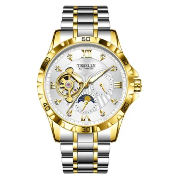 Man Prekės ženklas Prabangus laikrodis Auksas Baltas Top prekės ženklo laikrodžiai Nerūdijančio plieno mechaninis rankinis laikrodis Automatinis laikrodis Mėnulis Vyras Relogio