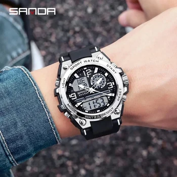 Populiariausias prekės ženklo vyriškas laikrodis SANDA šviečiantis dvigubas laiko ekranas skaitmeniniai laikrodžiai Smūgiams atsparus chronometras Laikrodis Man Sport Wateprroof rankinis laikrodis