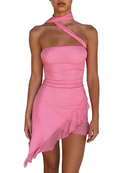 Moterys Y2k Išeina Mini suknelė Seksuali Bodycon Ruffled Spagečių dirželis Kutai Vakarėlio suknelė Vasarinė gatvės apranga
