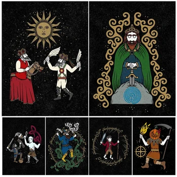Vikingų karys,Odinas,Titanas,Nykštukas Burtininkas Vintažinės sienos menas Drobė Spausdinti Skandinavų mitologija ir folkloras Meno plakatas Spausdinti Namų dekoras