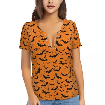 Halloween Bat marškinėliai Oranžiniai ir juodi Y2K mieli marškinėliai Seksualūs gilaus V kaklo trumpų rankovių raštas Tshirt 2024 Street Style Top Trikotažas