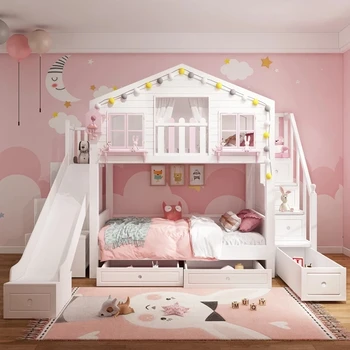 britų stiliaus vaikiško dviaukščio namelio medyje lova Moderni aukšta ir žema princesės medžio masyvo pilies lova
