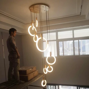 Modernus LED šviestuvas Medinis prabangus žiedas Šviestuvas Apšvietimas Minimalistinis dizaineris Laiptai Meno lubų šviestuvas Mediniai blizgesio šviestuvai