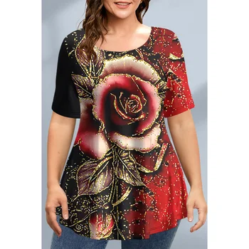 2023 Oversized Apparel Ladies Spring Clothing Gėlių grafika O-Neck Megztiniai Trumpomis rankovėmis Topai Gatvės drabužiai Moteriški marškinėliai Nauji