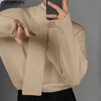 Casual Streetwear Style Tops INCERUN Vyriškas vientisas paprastas šaliko apykaklės megztinis vertikalios tekstūros megztinis ilgomis rankovėmis S-5XL