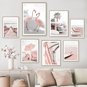 Pink Sea Beach Plakatas Flamingo Retro Van Banglentė Vasaros sienų meno drobė Tapyba Svetainės interjero paveikslėlis namų dekorui