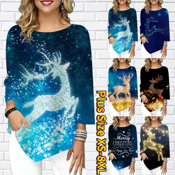 Moteriški apvalaus kaklo pagrindiniai marškinėliai Atsitiktinis savaitgalis 3D dažymas ilgomis rankovėmis Rudens žiemos gėlių atspaudas Megztiniai marškinėliai